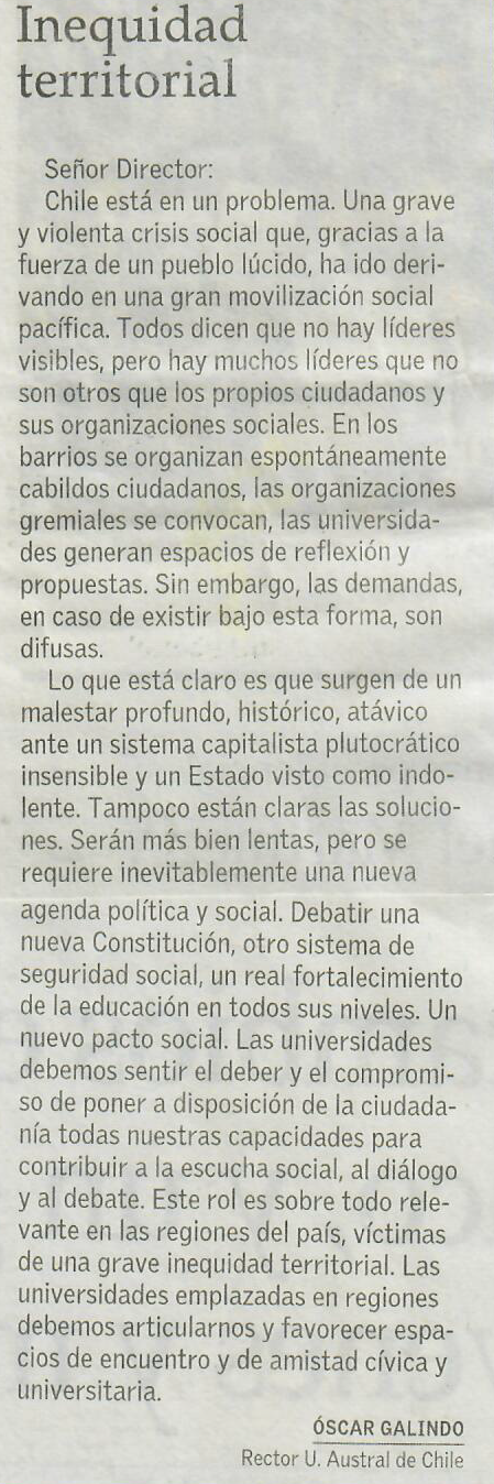 Inequidad territorial Rector Galindo_el mercurio_28.10
